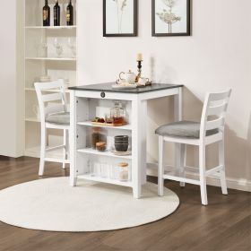 36" Modern Dining Table Set for 2 with Charging Station & 3-Tier Adjustable Storage | Space-Saving Kitchen Set with Upholstered Chairs for Small