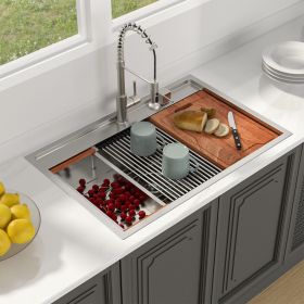 33 Inch Single Bowl Top Mount Drop In Stainless Steel Workstation Kitchen Sink With Bottom Grid and Basket Drain and Roll-Up Drying Rack and Cola