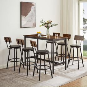 Pub High Dining Table 7 Piece Set, Industrial Style Pub Table, 6 PU Leather Bar Chairs for Kitchen Breakfast Table, Living Room, Bar, Rustic Brow