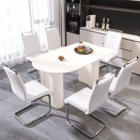 63 "medieval modern cream style MDF dining table and PU armless dining chair set 6. Assemble Desktop and Silver plated metal leg dining chair set (Color: White+White+6IN1)